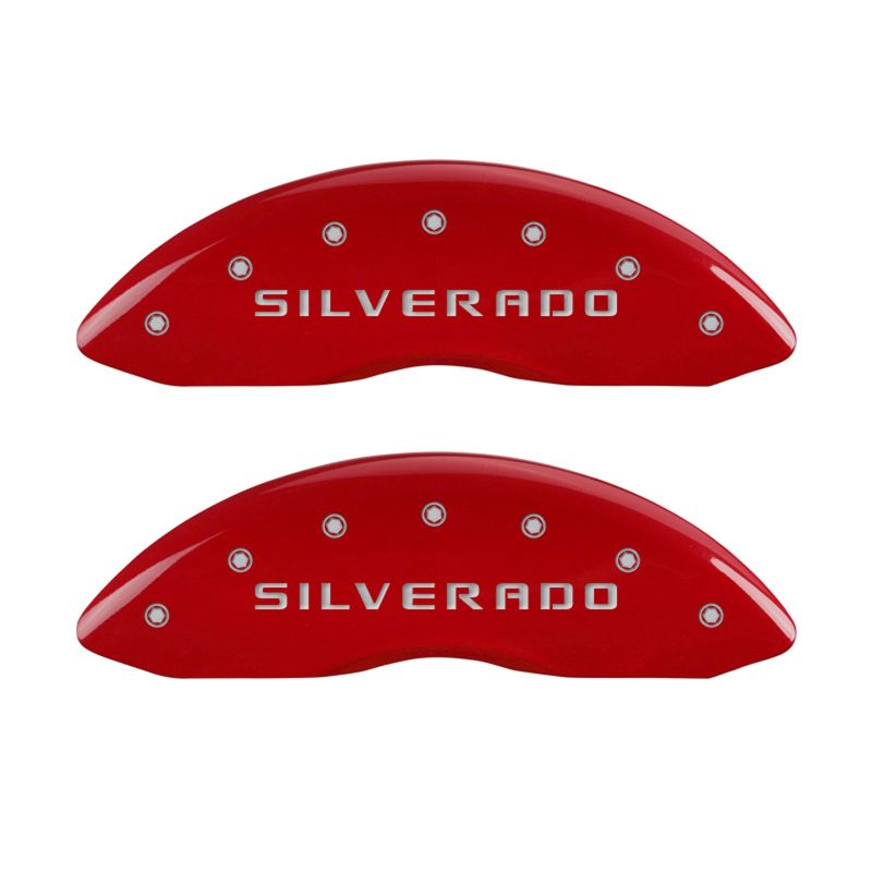 MGP Front set 2 Caliper Covers Engraved Front Silverado Red finish silver ch - 14207FSILRD