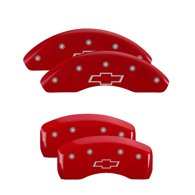 MGP 4 Caliper Covers Engraved Front & Rear Bowtie Red Finish Silver Char 2019 Chevrolet Bolt EV - 14246SBOWRD