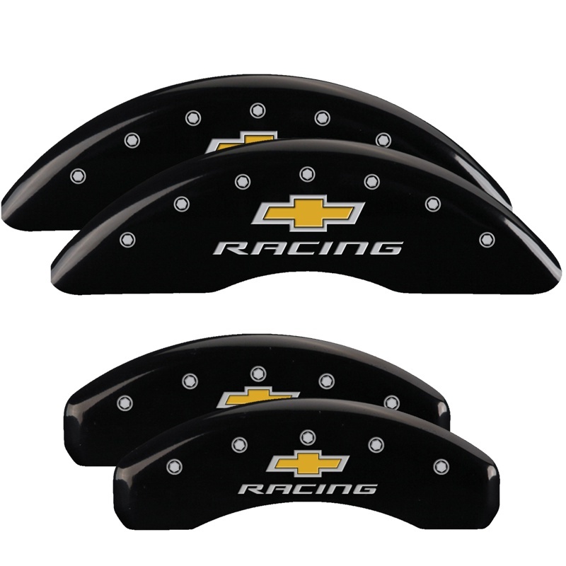 MGP 4 Caliper Covers Engraved F & R Chevy Racing Black Finish Silver Char 2019 Chevrolet Camaro - 14241SBRCBK