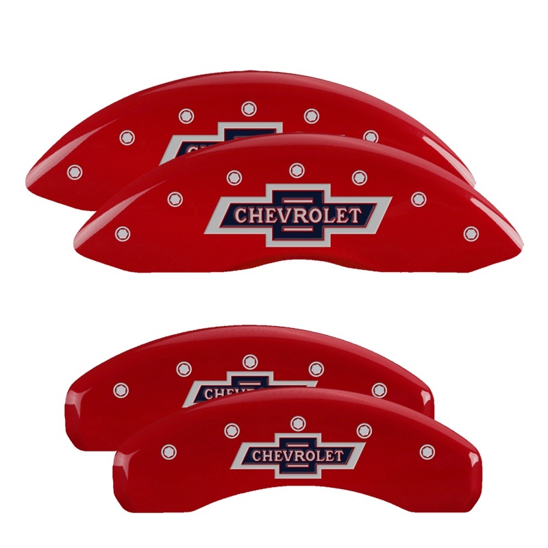 MGP 4 Caliper Covers Engraved F & R 100 Anniversary Red Finish Silver Char 2019 Chevy Silverado 1500 - 14252SBANRD