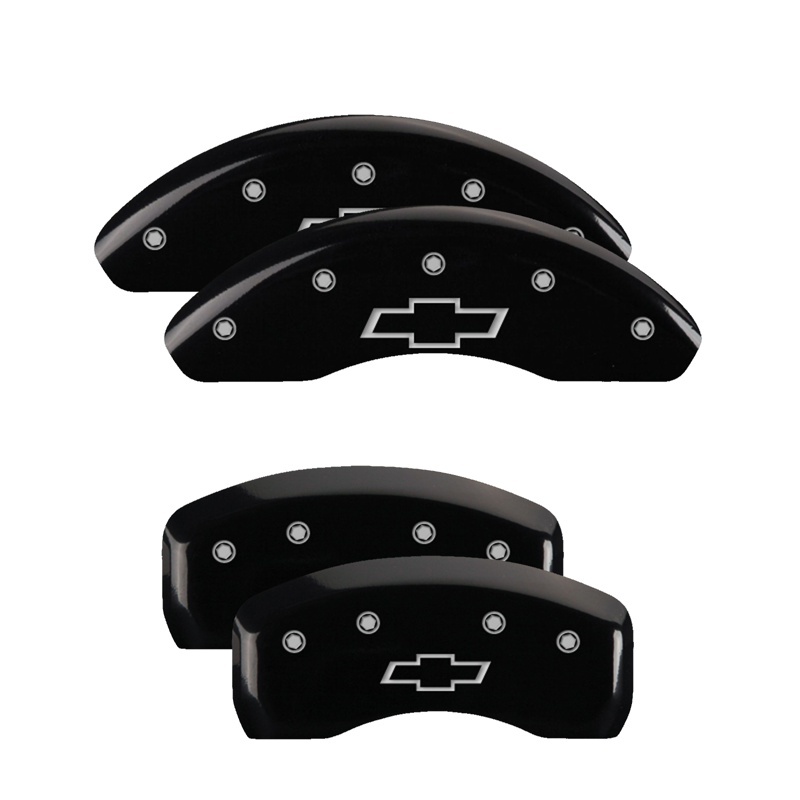 MGP 4 Caliper Covers Engraved Front & Rear Bowtie Black Finish Silver Char 2019 Chevrolet Malibu - 14244SBOWBK