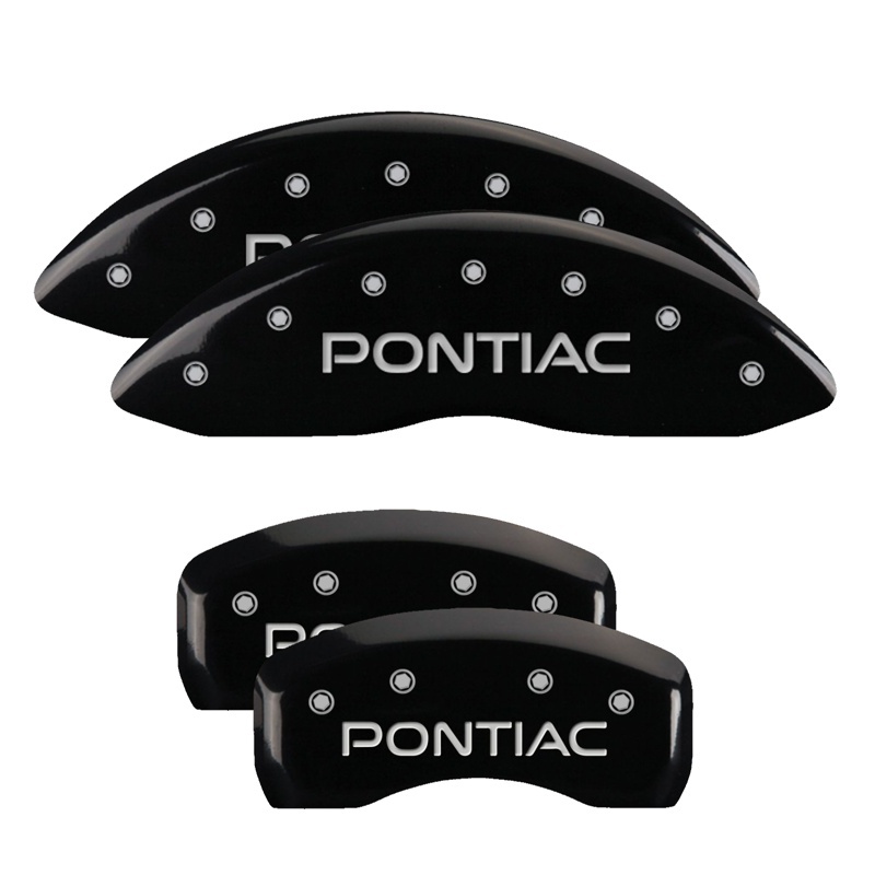 MGP 4 Caliper Covers 98-02 Pontiac Firebird (Ex WS6) Front Pontiac Rear Arrow Blk Finish Silver Char - 18028SPONBK