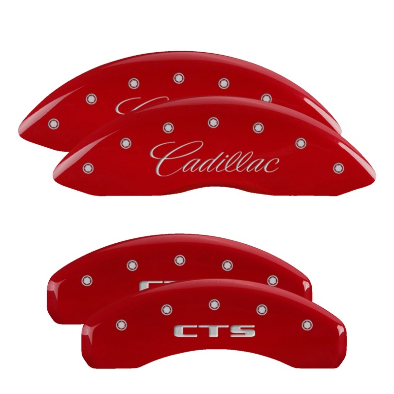 MGP 4 Caliper Covers Engraved Front Cursive/Cadillac Engraved Rear CTS Red finish silver ch - 35011SCTSRD