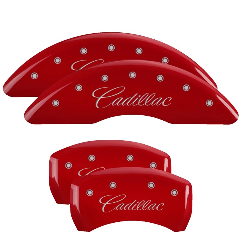 MGP 4 Caliper Covers Engraved Front & Rear Cursive/Cadillac Red Finish Silver Char 2016 Cadillac CT6 - 35026SCADRD