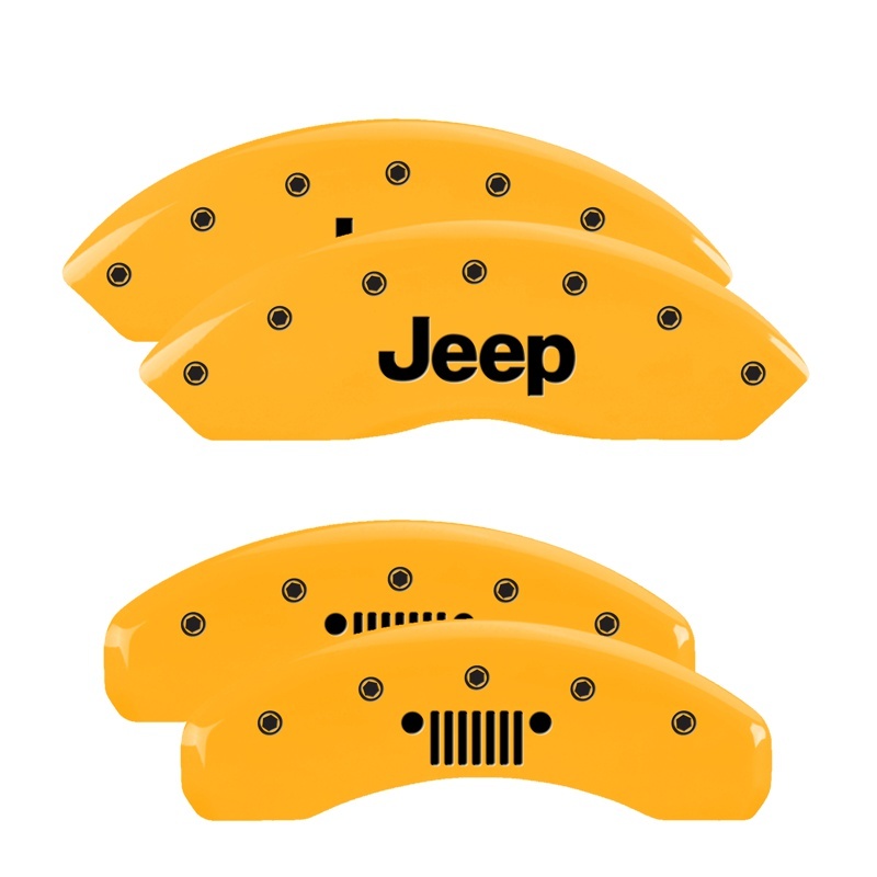 MGP 4 Caliper Covers Engraved Front Jeep Rear Grill Logo Yellow Finish Black Char 2018 Jeep Wrangler - 42018SJPLYL