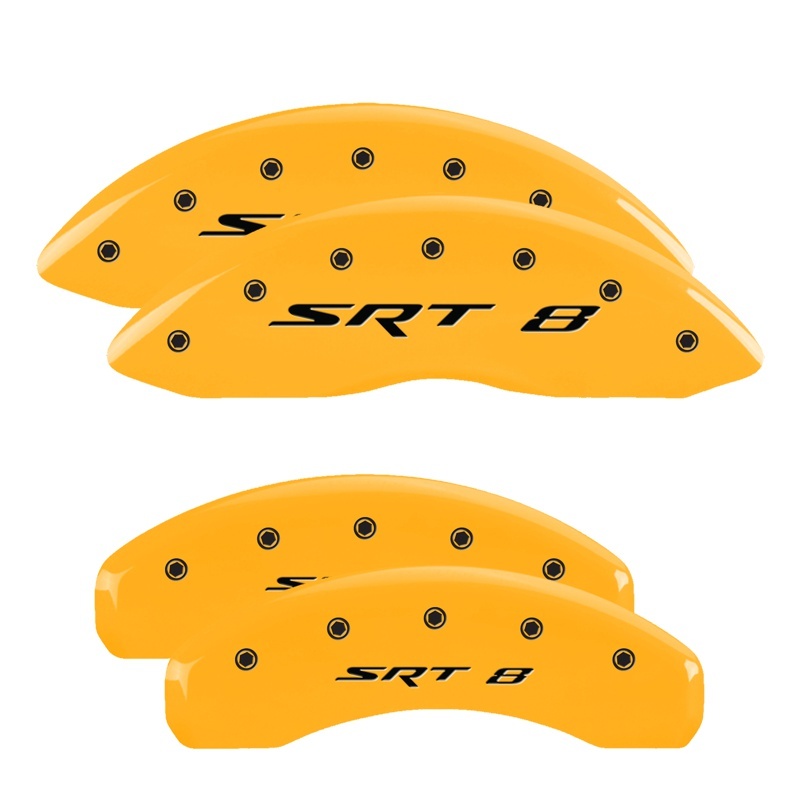 MGP 4 Caliper Covers Engraved Front & Rear 11-18 Jeep Grand Cherokee Yellow Finish Black SRT-8 Logo - 42020SSR8YL