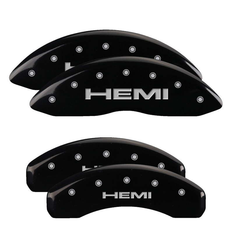 MGP 4 Caliper Covers Engraved Front & Rear 11-18 Jeep Grand Cherokee Black Finish Silver Hemi Logo - 42020SHEMBK