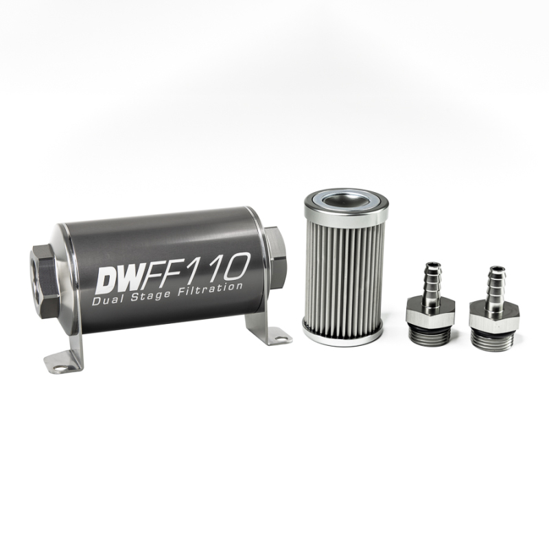 DeatschWerks Stainless Steel 5/16in 10 Micron Universal Inline Fuel Filter Housing Kit (110mm) - 8-03-110-010K-516