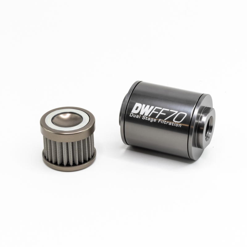DeatschWerks Stainless Steel 8AN 100 Micron Universal Inline Fuel Filter Housing Kit (70mm) - 8-03-070-100K