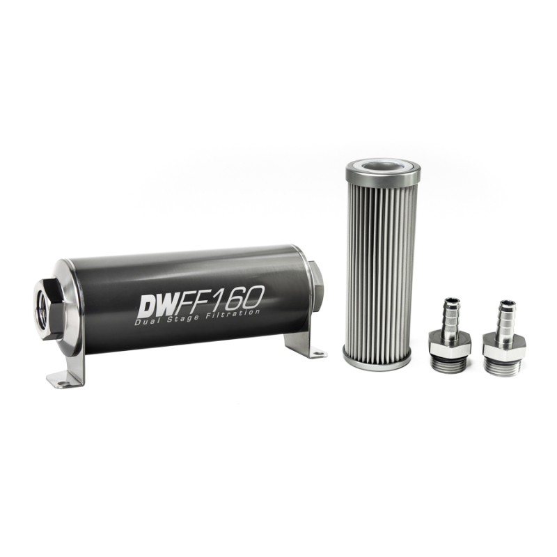 DeatschWerks Stainless Steel 3/8in 10 Micron Universal Inline Fuel Filter Housing Kit (160mm) - 8-03-160-010K-38