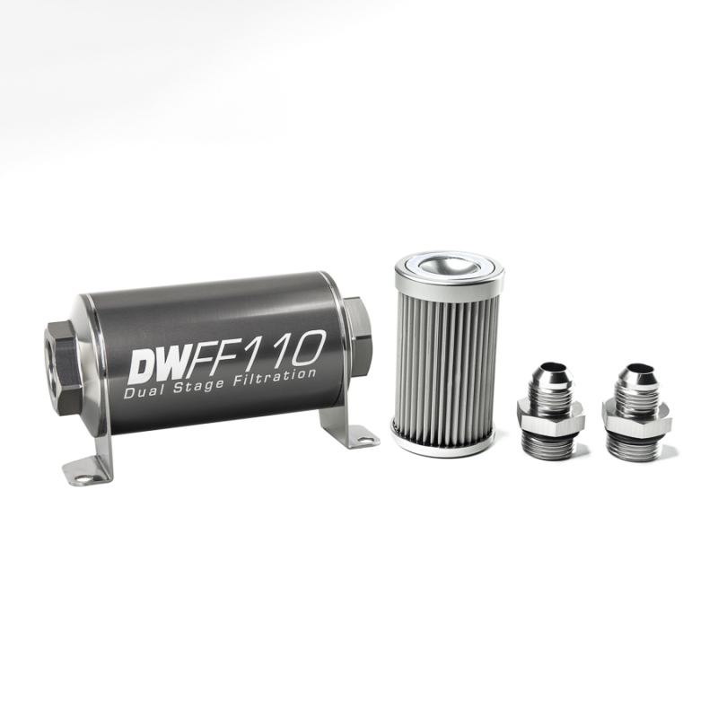 DeatschWerks Stainless Steel 8AN 10 Micron Universal Inline Fuel Filter Housing Kit (110mm) - 8-03-110-010K-8