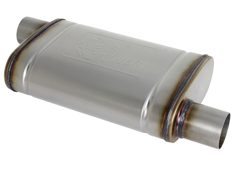 aFe MACH Force-Xp 409 SS Muffler 2.5in Offset Inlet/2.5in Offset Outlet 14in L x 9in W x 4in H Body - 49M00028