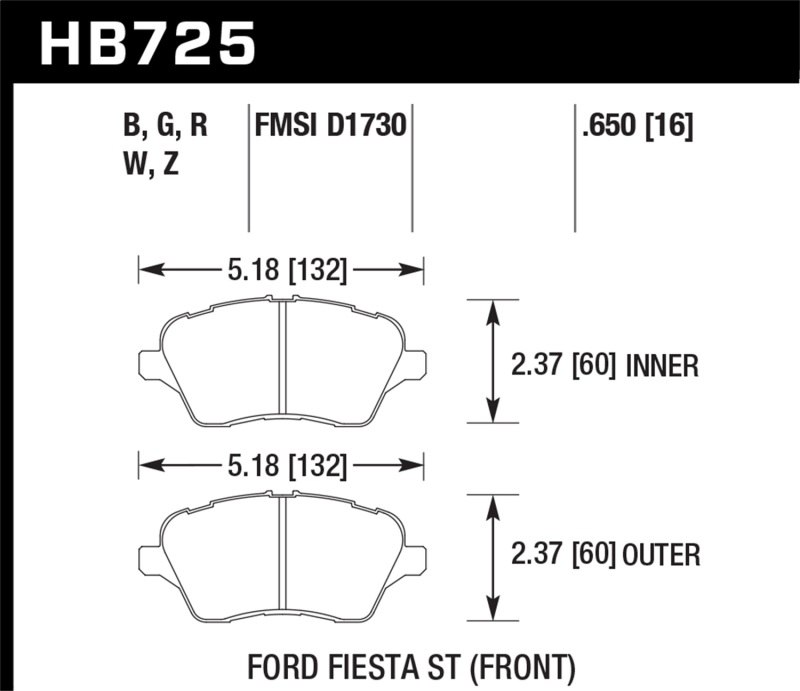 Hawk 2014 Ford Fiesta ST HPS 5.0 Front Brake Pads - HB725B.650