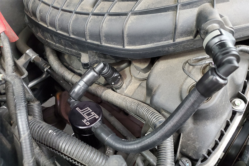 J&L 11-17 Ford Mustang V6 Passenger Side Oil Separator 3.0 V2 - Black Anodized - 3050P-B