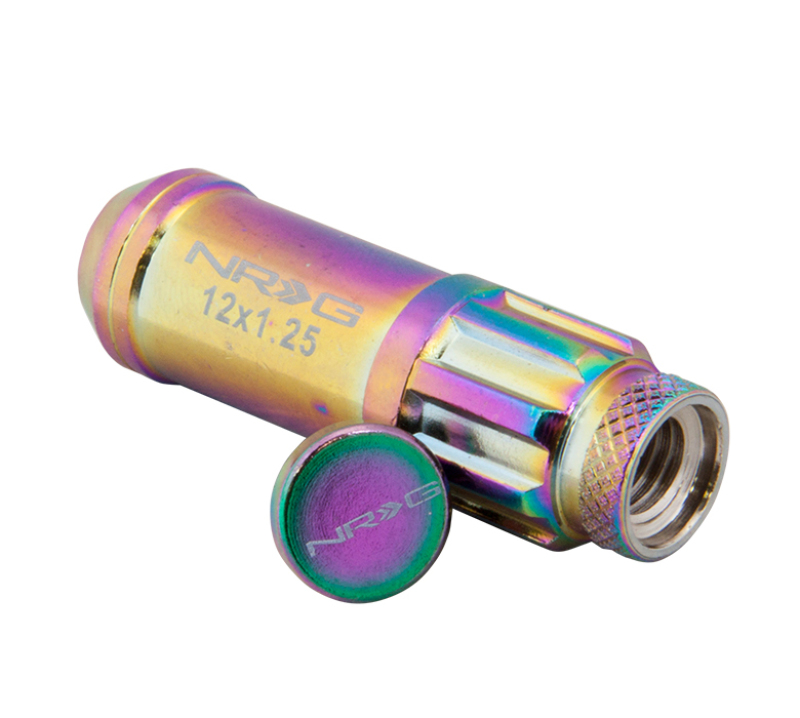 NRG 700 Series M12 X 1.5 Steel Lug Nut w/Dust Cap Cover Set 21 Pc w/Locks & Lock Socket - Neochrome - LN-LS700MC-21