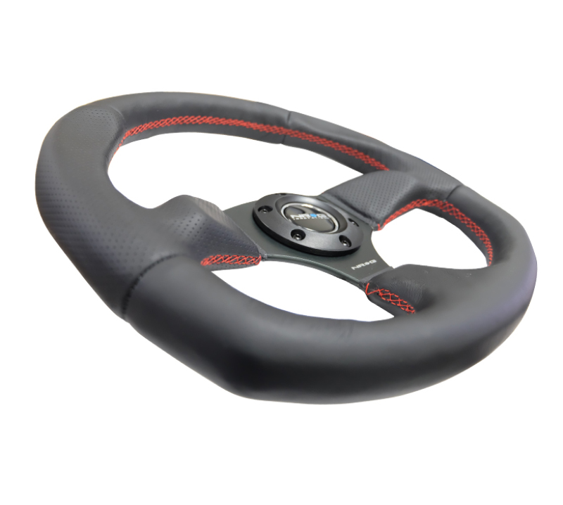 NRG Reinforced Steering Wheel (320mm Horizontal / 330mm Vertical) Leather w/Red Stitching - RST-009R-RS