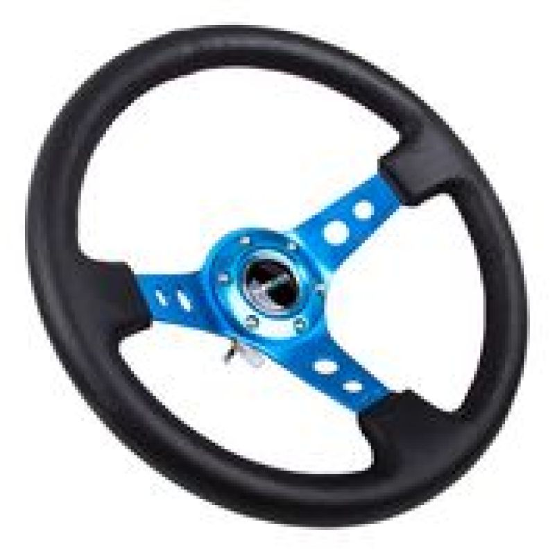 NRG Reinforced Steering Wheel (350mm / 3in. Deep) Blk Leather w/Blue Circle Cutout Spokes - RST-006BL
