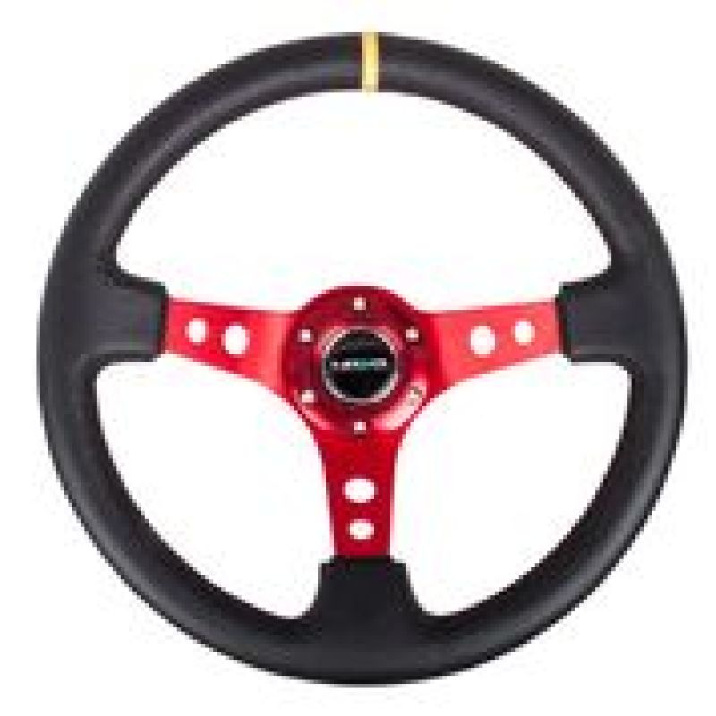 NRG Reinforced Steering Wheel (350mm / 3in. Deep) Blk Leather w/Red Spokes & Sgl Yellow Center Mark - RST-006RD-Y