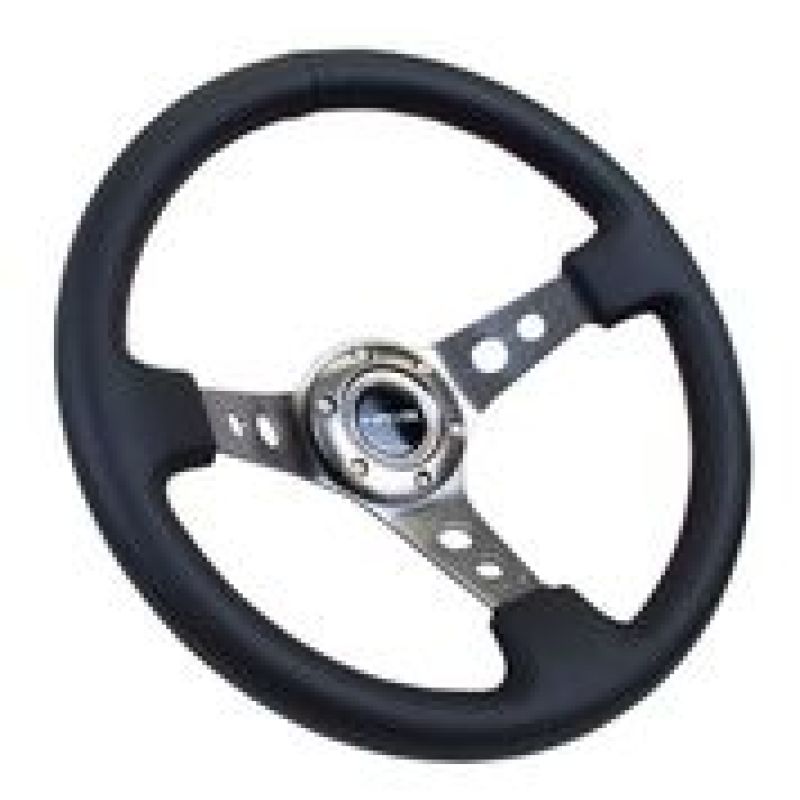NRG Reinforced Steering Wheel (350mm / 3in. Deep) Blk Leather w/Gunmetal Circle Cutout Spokes - RST-006GM