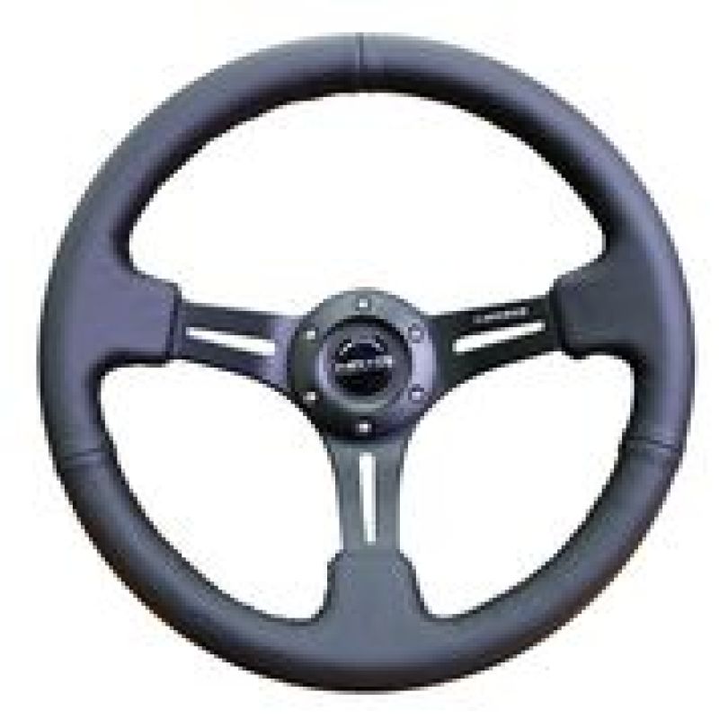 NRG Reinforced Steering Wheel (350mm / 3in. Deep) Black Leather w/ Black Stitching - RST-018R