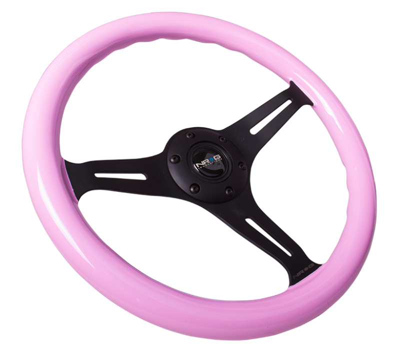 NRG Classic Wood Grain Steering Wheel (350mm) Solid Pink Painted Grip w/Black 3-Spoke Center - ST-015BK-PK