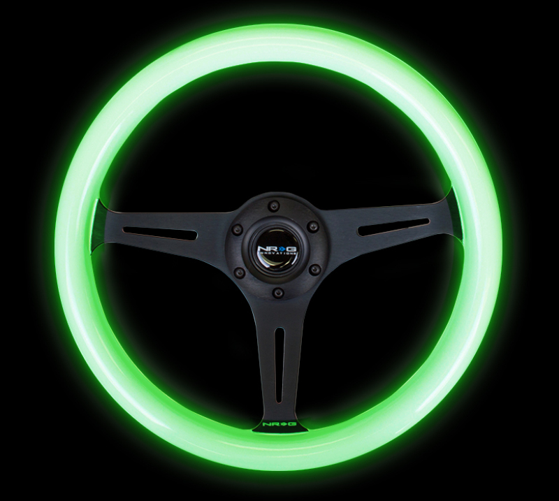 NRG Classic Wood Grain Steering Wheel (350mm) Glow-N-The-Dark Green Grip w/Black 3-Spoke Center - ST-015BK-GL