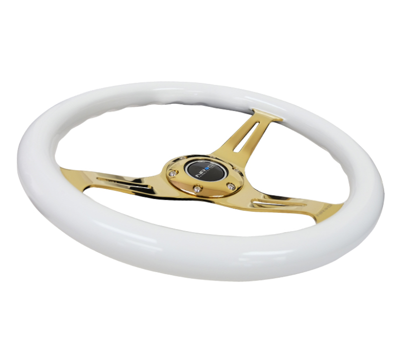 NRG Classic Wood Grain Steering Wheel (350mm) White Grip w/Chrome Gold 3-Spoke Center - ST-015CG-WT