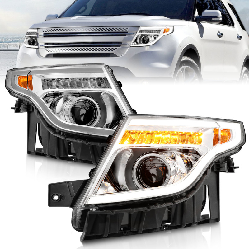 ANZO 11-15 Ford Explorer Projector Headlights w/ Light Bar Chrome Housing w/ Amber light - 111576