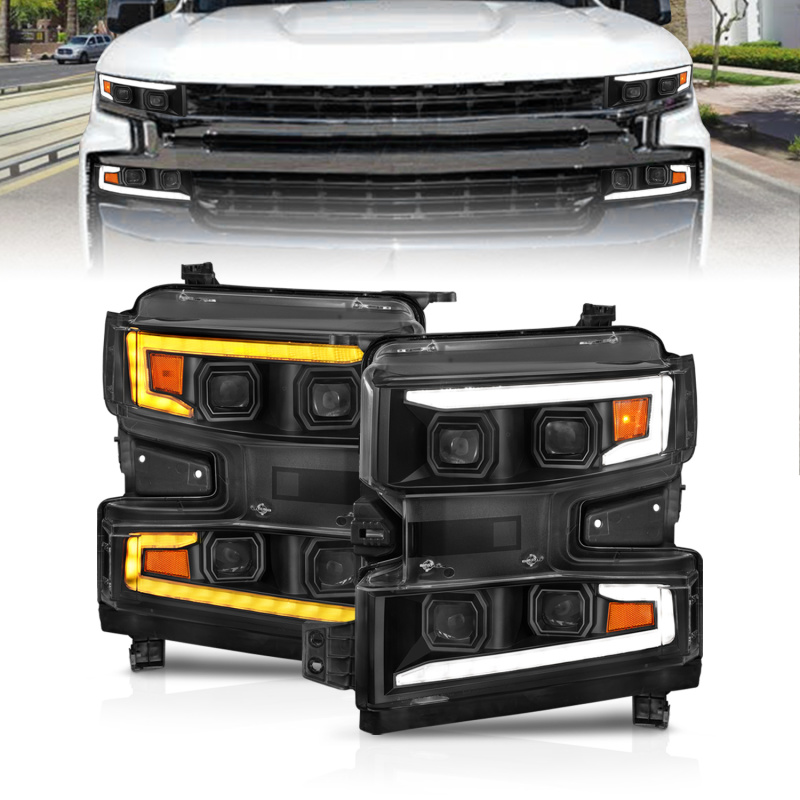 ANZO 19-22 Chevrolet Silverado 1500 LED Proj HL w/Lgt Bar SwBk Seq. Blk w/In. Light - Driver Side ON - 111566-L