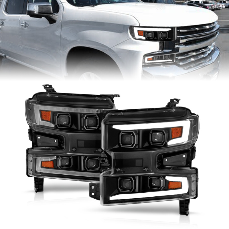 ANZO 19-22 Chevrolet Silverado 1500 LED Proj HL w/Lgt Bar SwBk Seq. Blk w/In. Light - Passenger Side - 111566-R