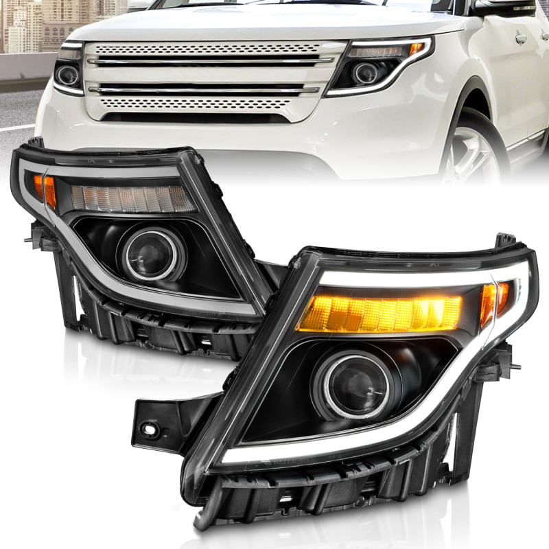 ANZO 11-15 Ford Explorer (w/Factory Halogen HL Only) Projector Headlights w/Light Bar Black Housing - 111575