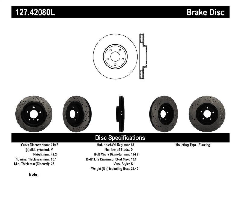 StopTech 06-07 350Z / 05-07 G35 exp Sport/ 06-07 G35X SportStop Slotted & Drilled Front Left Rotor - 127.42080L