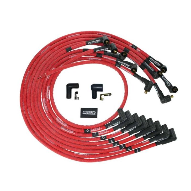 Moroso SBC Under Header 90 Deg Plug Non-HEI Sleeved Ultra Spark Plug Wire Set - Red - 52529