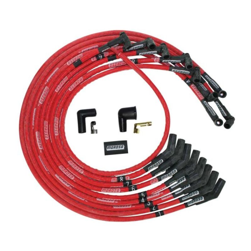 Moroso SBC Under Header 135 Deg Plug Boots HEI Sleeved Ultra Spark Plug Wire Set - 52530