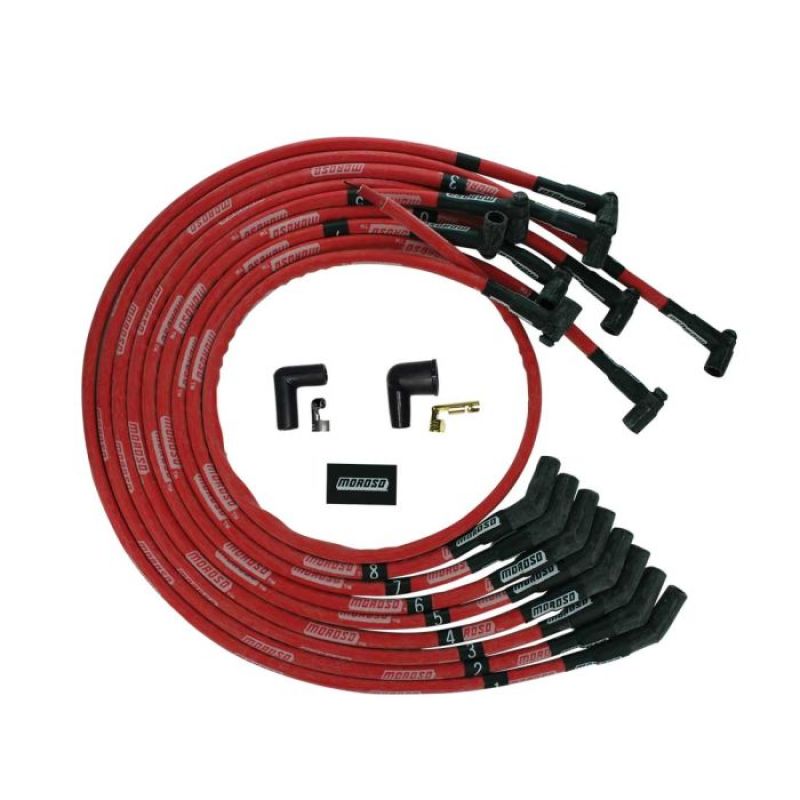 Moroso BBC Under Header 135 Deg Plug Boot HEI Sleeved Ultra Spark Plug Wire Set - Red - 52545