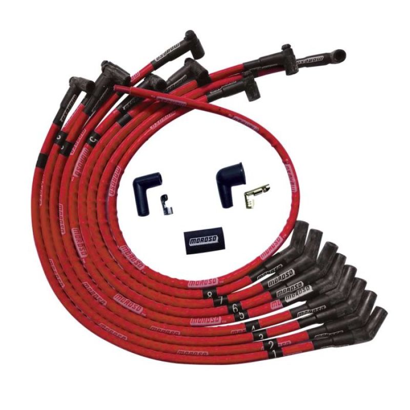 Moroso SB Ford 260/289/302 135 Deg Plug Boots HEI Sleeved Ultra Spark Plug Wire Set - Red - 52570