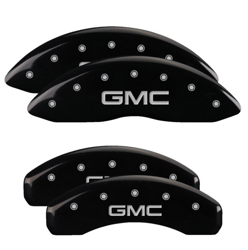 MGP 21-22 GMC Yukon/XL Set of 4 Caliper Covers Engraved Front & Rear GMC Black w/ Silver Characters - 34221SGMCBK