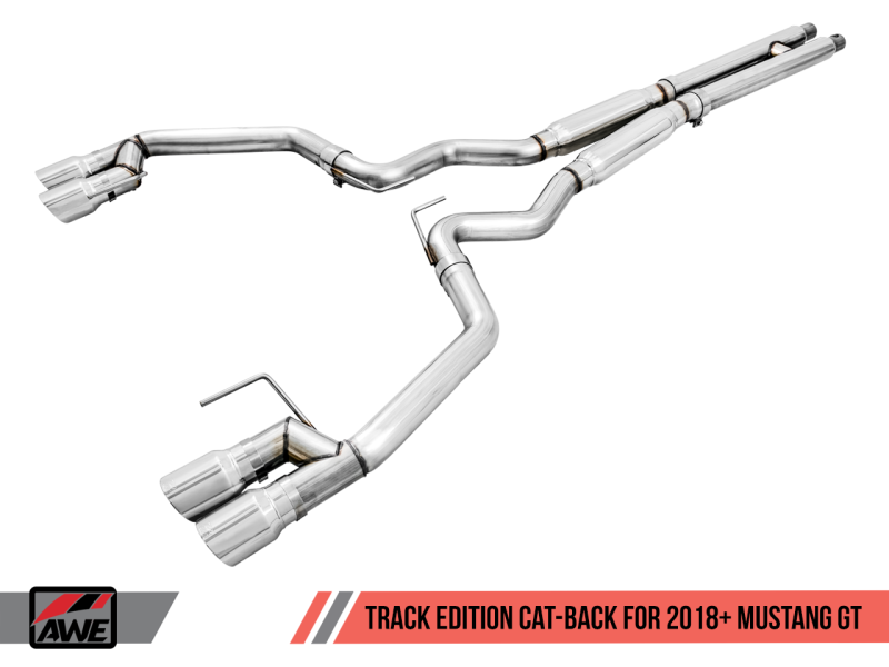 AWE Tuning 2018+ Ford Mustang GT (S550) Cat-back Exhaust - Track Edition (Quad Chrome Silver Tips) - 3020-42064