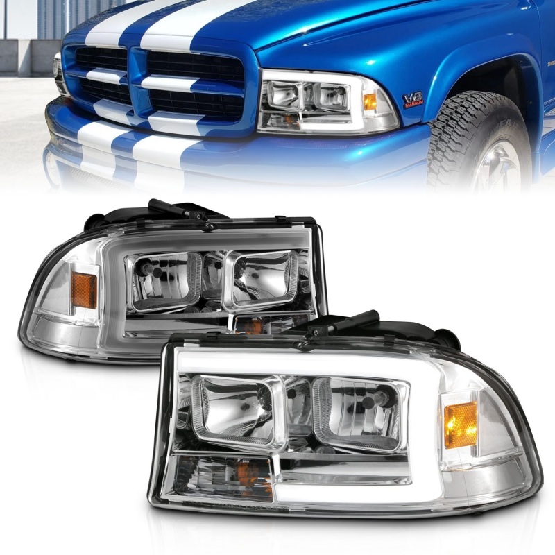 ANZO 97-04 Dodge Dakota/Durango Crystal headlight Set w/ Light Bar Chrome Housing - 111592