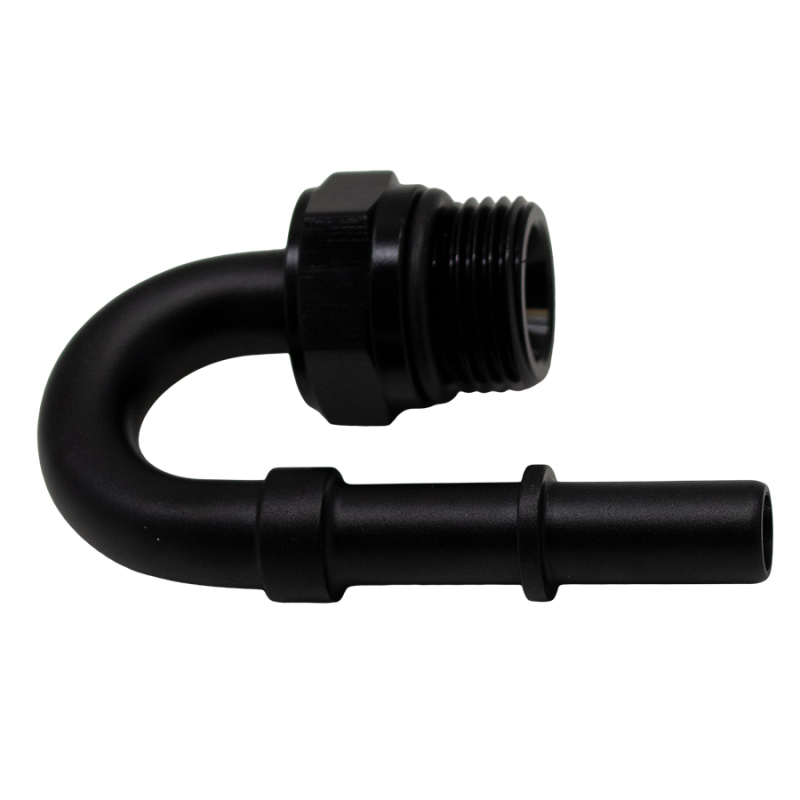 DeatschWerks 8AN ORB Male to 3/8in Male EFI Quick Connect Adapter 180-Degree - Anodized Matte Black - 6-02-0116-B