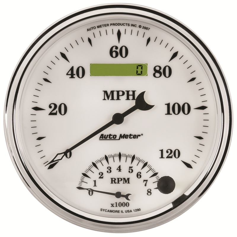 AutoMeter Gauge Tach/Speedo 5in. 120MPH & 8K RPM Elec. Program Old Tyme White II - 1290