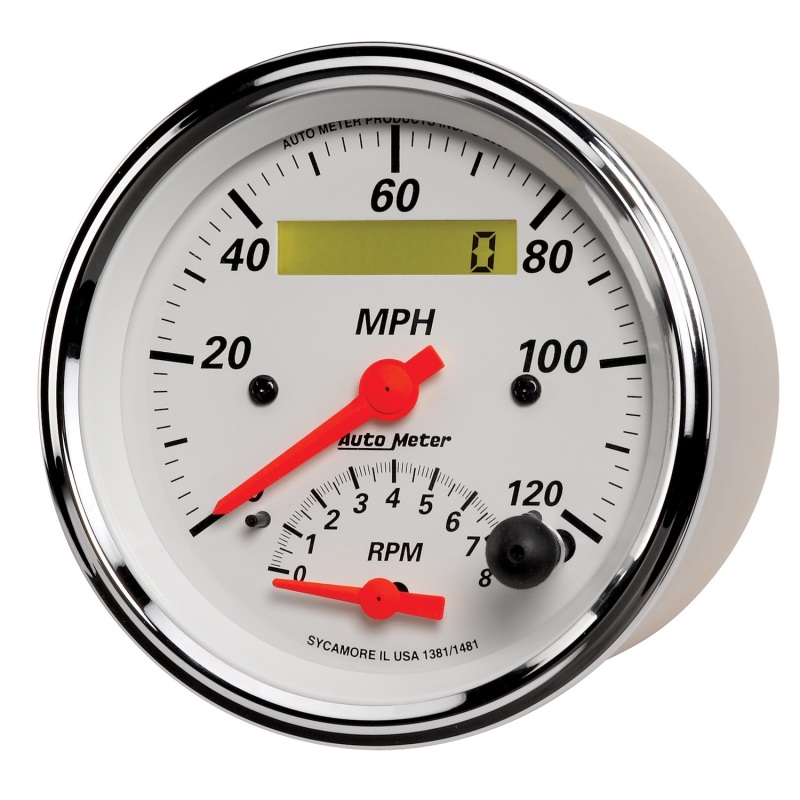 AutoMeter Gauge Tach/Speedo 3-3/8in. 120MPH & 8K RPM Elec. Program. Arctic White - 1381