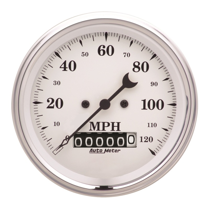 AutoMeter Gauge Speedo. 3-3/8in. 120MPH Elec. Prog. W/ Wheel Odo Old Tyme White - 1679