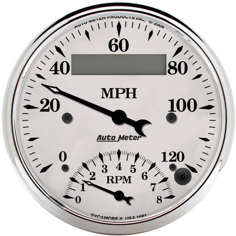 AutoMeter Gauge Tach/Speedo 3-3/8in. 120MPH & 8K RPM Elec. Program. Old Tyme Wht - 1681