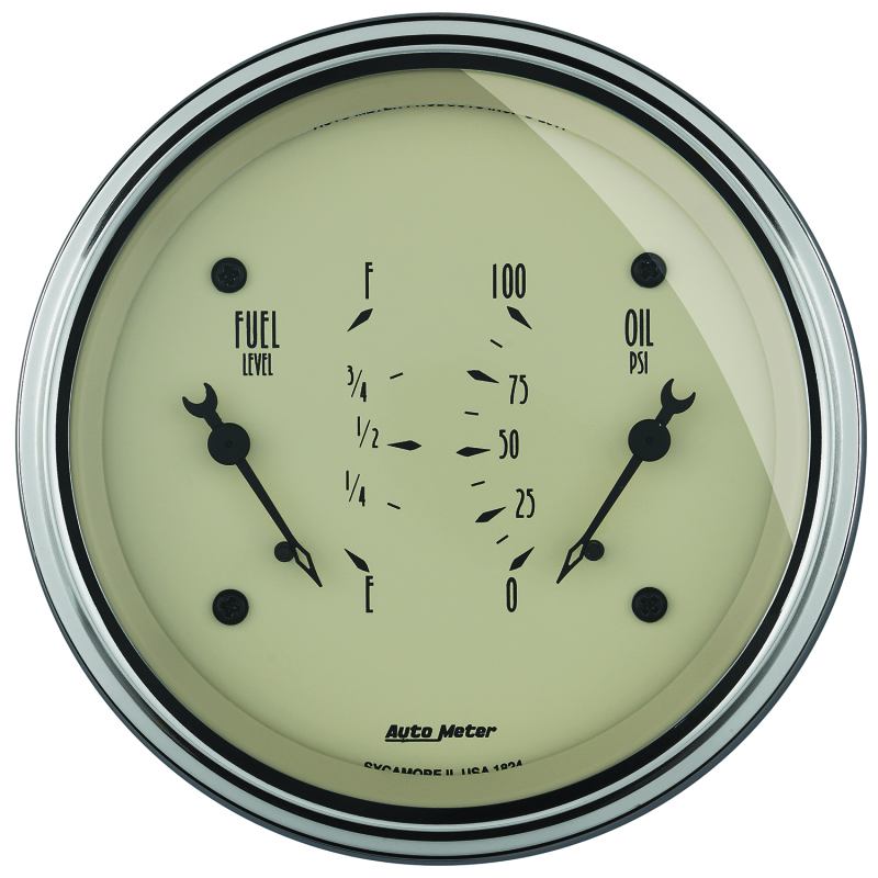 AutoMeter Gauge Dual Fuel & Oilp 3-3/8in. 0 Ohm(e) to 90 Ohm(f)& 100PSI Elec Antq Beige - 1824