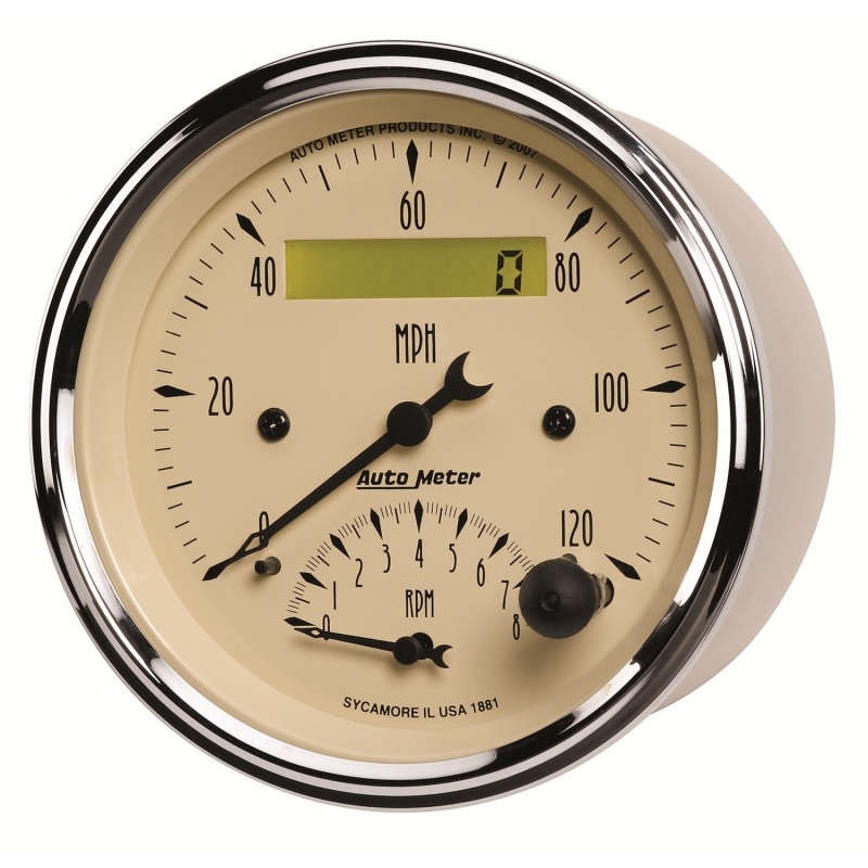 AutoMeter Gauge Tach/Speedo 3-3/8in. 120MPH & 8K RPM Elec. Program. Antq Beige - 1881