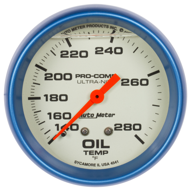 AutoMeter Gauge Oil Temp 2-5/8in. 140-280 Deg. F Liquid Filled Mech Glow In Dark Ultra-Nite - 4241