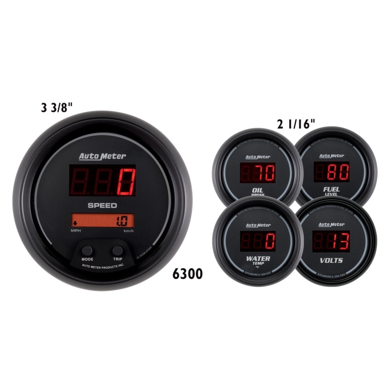 AutoMeter Gauge Kit 5 Pc. 3-3/8in. & 2-1/16in. Elec Speedo Digital Black Dial W/ Red Led - 6300