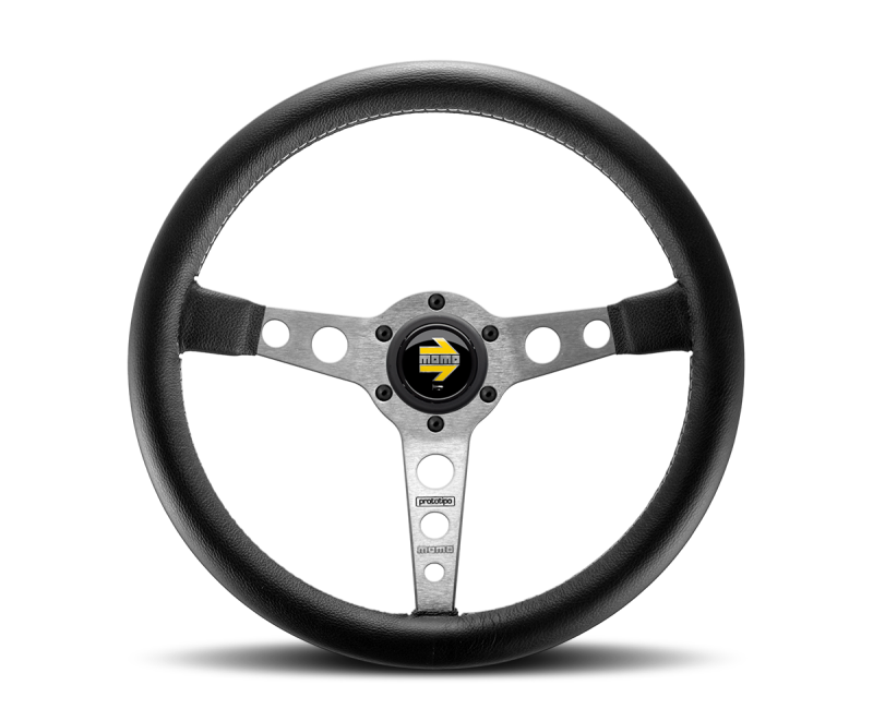Momo Prototipo Steering Wheel 350 mm - Black Leather/Wht Stitch/Brshd Spokes - PRO35BK0S