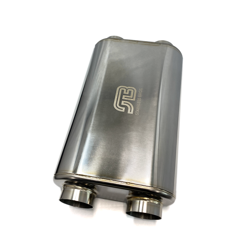 Stainless Bros 17in OAL 2.5in Oval SS304 Polished Finish Muffler - 2.5in Center In/Dual Out - 616-06323-2120